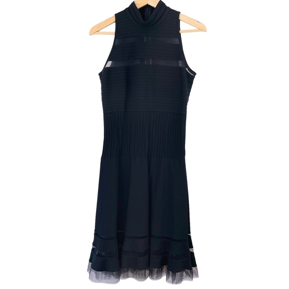 Tadashi Shoji Dress Cocktail Party Black Pleated Ribbed Mesh Sleeveless Sz M